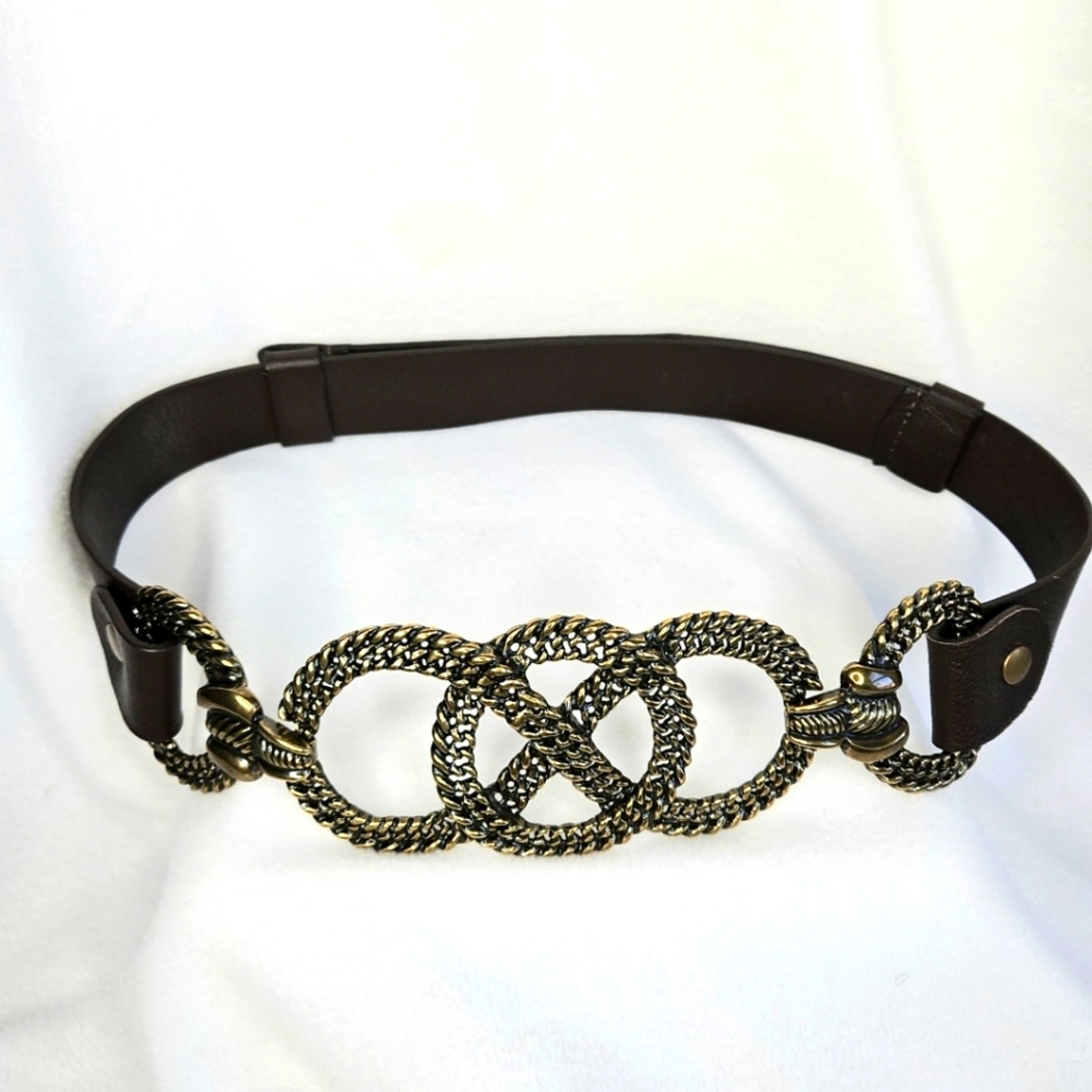 Chico's Leather Gold Braided Buckle Adjustable Belt Women M/L Ren Faire Office